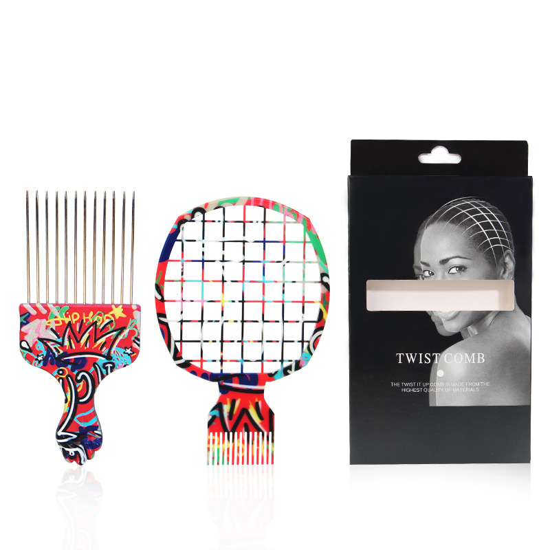 Afro Pick Comb - ชุดหวีและที่เกี่ยวผมเหล็กแบบมืออาชีพ 2 ชิ้น สำหรับผู้ชาย ผมหยิกเป็นลอน ทรงปอมปาดัวร์