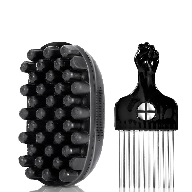 Afro Pick Comb - ชุดจัดแต่งทรงผม 2 ชิ้น แปรงฟองน้ำสำหรับทำลอนผมและหวี Afro Pick